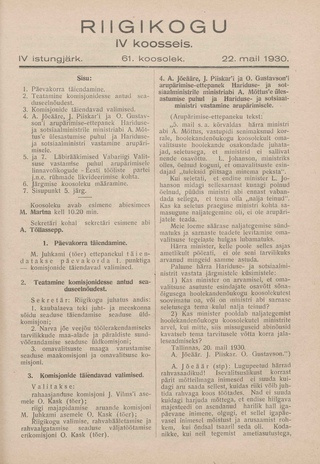 Riigikogu IV koosseis : täielikud protokollid : IV istungjärk : protokoll nr. 61