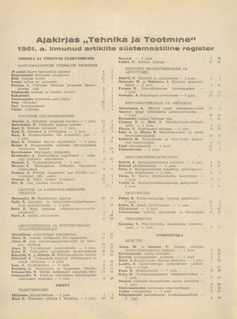 Tehnika ja Tootmine ; sisukord 1961