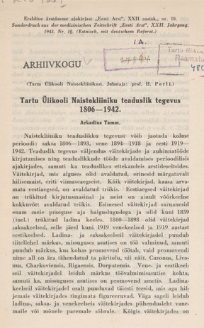Tartu Ülikooli Naistekliiniku teaduslik tegevus 1806-1942
