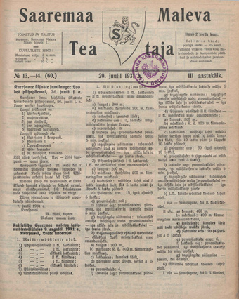 Saaremaa Maleva Teataja ; 13-14 (60) 1931-07-20