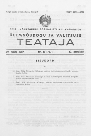 Eesti Nõukogude Sotsialistliku Vabariigi Ülemnõukogu ja Valitsuse Teataja ; 10 (787) 1987-03-30