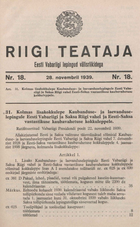 Riigi Teataja. Eesti Vabariigi lepingud välisriikidega ; 18 1939-11-28
