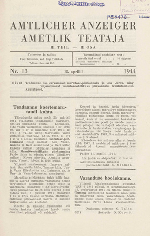 Ametlik Teataja. III osa = Amtlicher Anzeiger. III Teil ; 13 1944-04-18