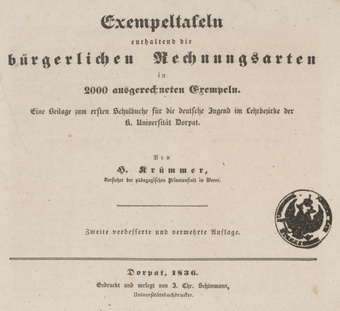 Exempeltafeln enthaltend die bürgerlichen Rechnungsarten in 2000 ausgerechneten Exempeln : eine Beilage zum ersten Schulbuch für die deutsche Jugend im Lehrbezirke der Universität Dorpat