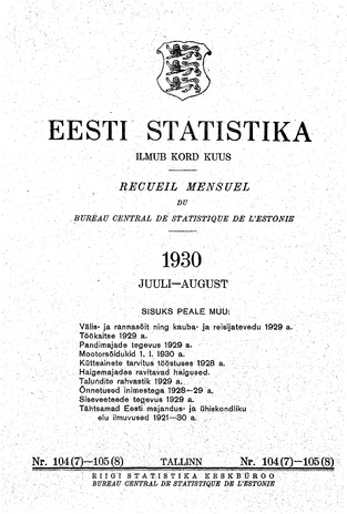 Eesti Statistika : kuukiri ; 104-105 (7-8) 1930-07/08