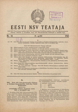 Eesti NSV Teataja ; 16 1945-04-30