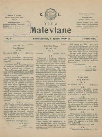K. L. Viru Malevlane ; 9 1929-04-01