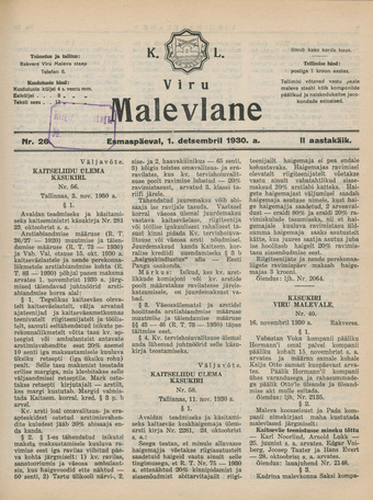 K. L. Viru Malevlane ; 26 1930-12-01
