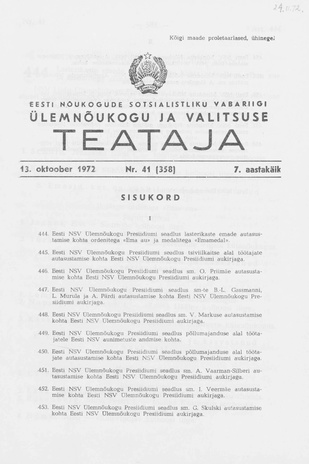 Eesti Nõukogude Sotsialistliku Vabariigi Ülemnõukogu ja Valitsuse Teataja ; 41 (358) 1972-10-13