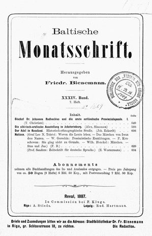 Baltische Monatsschrift ; 7 1887