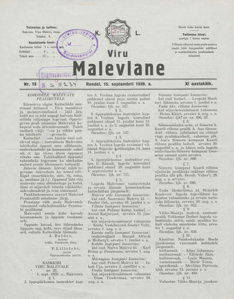 K. L. Viru Malevlane ; 15 1939-09-15