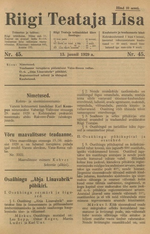 Riigi Teataja Lisa : seaduste alustel avaldatud teadaanded ; 45 1929-06-13