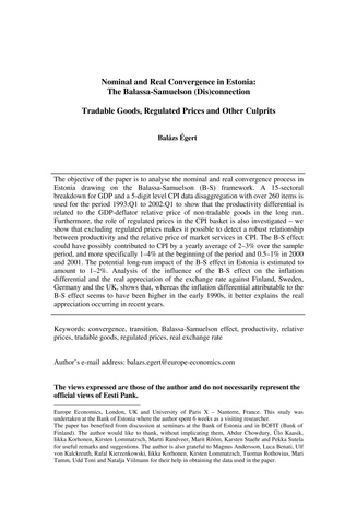 Nominal and real convergence in Estonia: the Balassa-Samuelson (dis)connection (Eesti Panga toimetised / Working Papers of Eesti Pank ; 4)