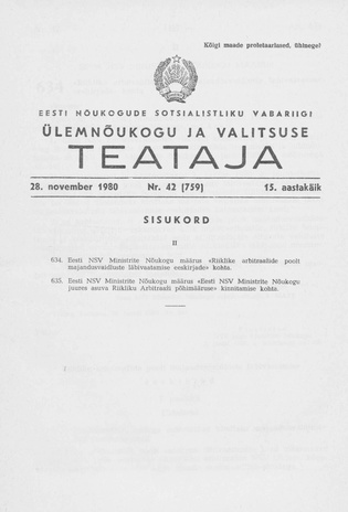Eesti Nõukogude Sotsialistliku Vabariigi Ülemnõukogu ja Valitsuse Teataja ; 42 (759) 1980-11-28