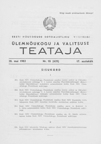 Eesti Nõukogude Sotsialistliku Vabariigi Ülemnõukogu ja Valitsuse Teataja ; 18 (620) 1982-05-28