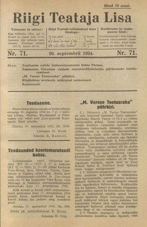 Riigi Teataja Lisa : seaduste alustel avaldatud teadaanded ; 71 1934-09-20