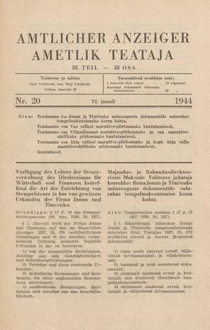 Ametlik Teataja. III osa = Amtlicher Anzeiger. III Teil ; 20 1944-06-12