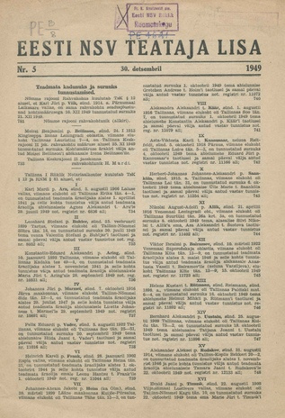 Eesti NSV Teataja lisa ; 5 1949-12-30