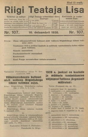 Riigi Teataja Lisa : seaduste alustel avaldatud teadaanded ; 107 1938-12-16