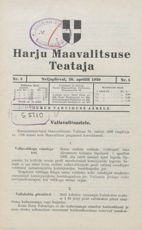 Harju Maavalitsuse Teataja ; 5 1939-04-20