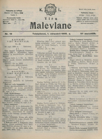 K. L. Viru Malevlane ; 19 1935-10-01