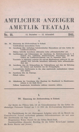 Ametlik Teataja. I/II osa = Amtlicher Anzeiger. I/II Teil ; 10 1941-12-13