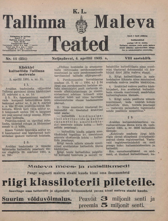 K. L. Tallinna Maleva Teated ; 11 (251) 1935-04-04