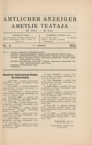 Ametlik Teataja. III osa = Amtlicher Anzeiger. III Teil ; 4 1942-02-17