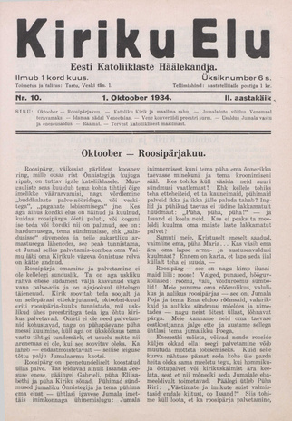 Kiriku Elu : Eesti Katoliiklaste Häälekandja ; 10 1934-10-01