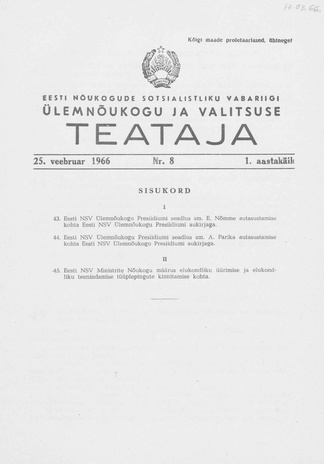 Eesti Nõukogude Sotsialistliku Vabariigi Ülemnõukogu ja Valitsuse Teataja ; 8 1966-02-25