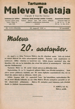 Tartumaa Maleva Teataja ; 15/16 (228/229) 1938-08-30