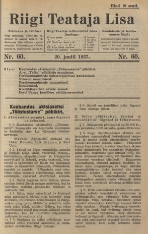 Riigi Teataja Lisa : seaduste alustel avaldatud teadaanded ; 60 1937-07-20