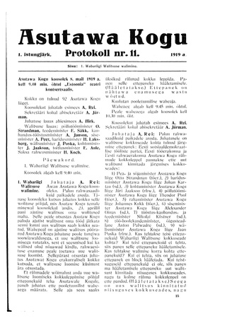 Asutawa Kogu protokoll nr.11 (8. mai 1919)