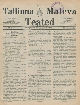 K. L. Tallinna Maleva Teated ; 38 (133) 1931-11-26