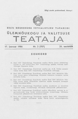 Eesti Nõukogude Sotsialistliku Vabariigi Ülemnõukogu ja Valitsuse Teataja ; 2 (787) 1986-01-17