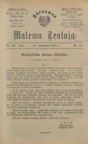 Pärnumaa Maleva Teataja ; 18 (46) 1930-09-25