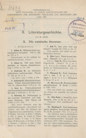 Literaturgeschichte : die estnische Literatur : [1929]
