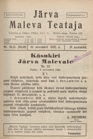 Järva Maleva Teataja ; 20,21 (88,89) 1932-11-18