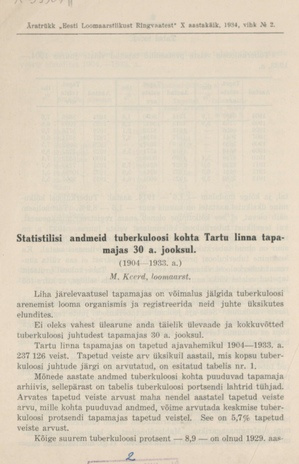 Statistilisi andmeid tuberkuloosi kohta Tartu linna tapamajas 30. a. jooksul (1904-1933. a.).