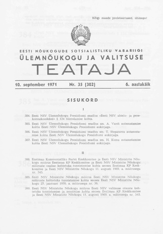 Eesti Nõukogude Sotsialistliku Vabariigi Ülemnõukogu ja Valitsuse Teataja ; 35 (302) 1971-09-10