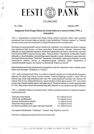 Eesti Pank : teabeleht ; 3 (69) 1995-01