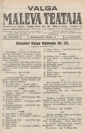 Valga Maleva Teataja ; 19 (105) 1933-12-01
