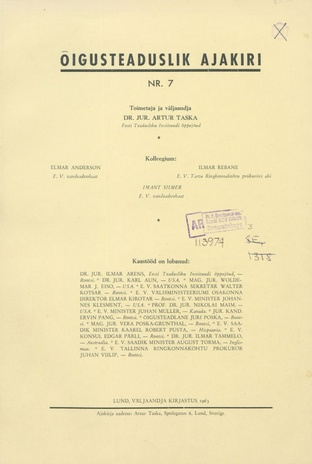 Õigusteaduslik Ajakiri ; 7 1963