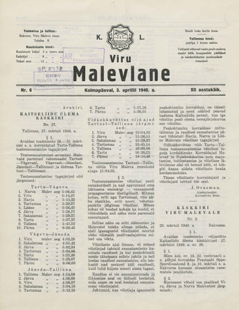 K. L. Viru Malevlane ; 6 1940-04-03