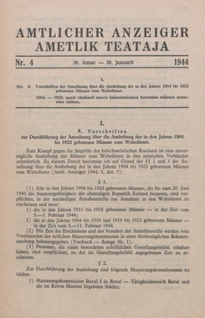 Ametlik Teataja. I/II osa = Amtlicher Anzeiger. I/II Teil ; 4 1944-01-30