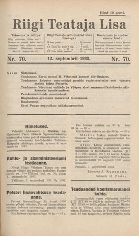 Riigi Teataja Lisa : seaduste alustel avaldatud teadaanded ; 70 1933-09-12