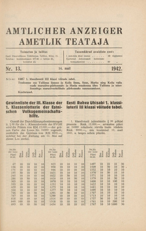 Ametlik Teataja. III osa = Amtlicher Anzeiger. III Teil ; 13 1942-05-14