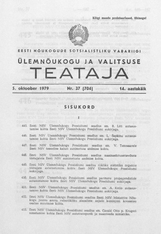 Eesti Nõukogude Sotsialistliku Vabariigi Ülemnõukogu ja Valitsuse Teataja ; 37 (704) 1979-10-05