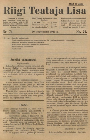 Riigi Teataja Lisa : seaduste alustel avaldatud teadaanded ; 74 1929-09-20