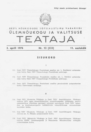 Eesti Nõukogude Sotsialistliku Vabariigi Ülemnõukogu ja Valitsuse Teataja ; 13 (533) 1976-04-02